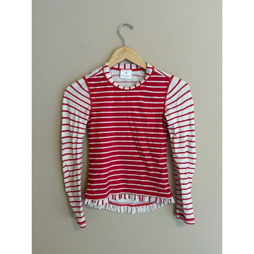 Hanna Andersson Girls Red White Striped Ruffle Rash Guard Swim Top Kids 10